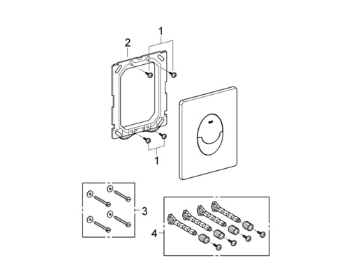 Montážní výkres ovládacího tlačítka WC s upevňovacím materiálem