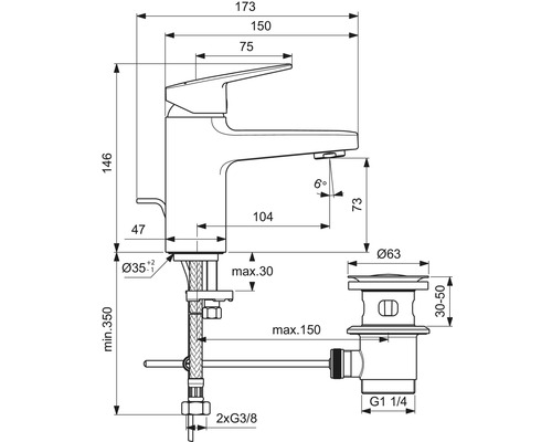 Technický nákres armatury s rozměry