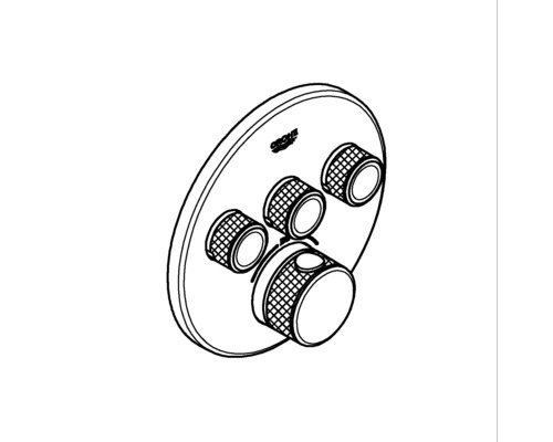 Logo společnosti Grohe. Sprchová armatura s několika otočnými knoflíky pro regulaci průtoku a teploty vody.