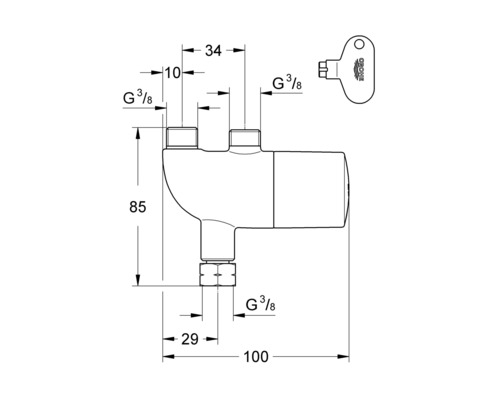 Technický výkres rohového ventilu Grohe se sadou rozměrů