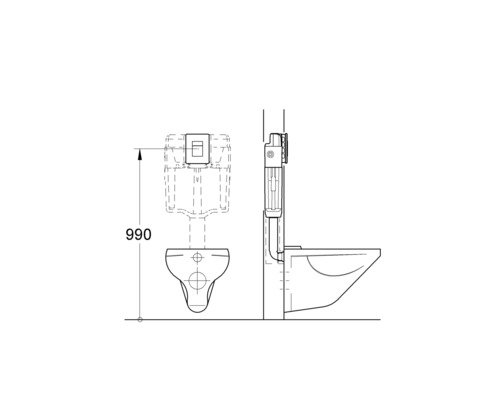 Technický nákres závěsného WC s rozměry 990 mm výšky