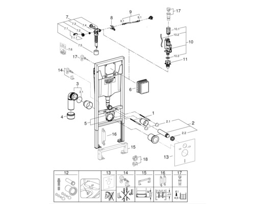 Rozkreslený nákres splachovací nádrže s jednotlivými díly