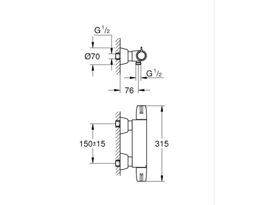 Rozměrový výkres připojení radiátoru o rozměrech 70 mm v průměru, 76 mm hloubka a 315 mm výška