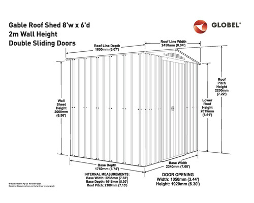 Technický nákres zahradního domku se sedlovou střechou o rozměrech 8 stop na šířku a 6 stop do hloubky, výška stěny 2 metry a dvojité posuvné dveře