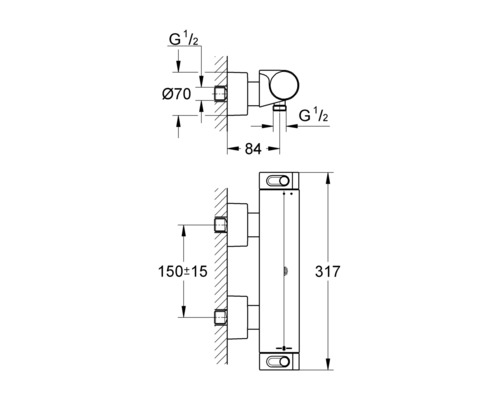 Technický výkres vodovodní baterie s rozměry
