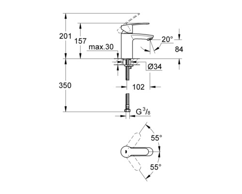 Technický nákres armatury s rozměry.