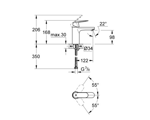 Technický nákres vodovodní baterie s rozměry