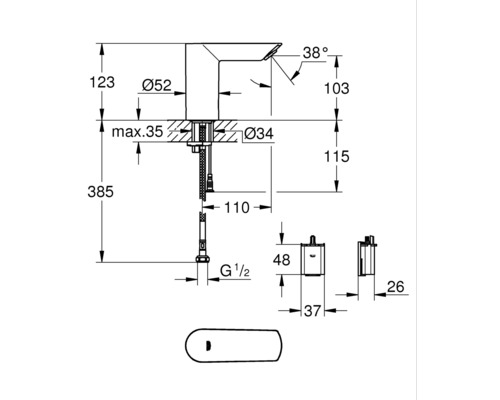 Technický nákres armatury s rozměry.