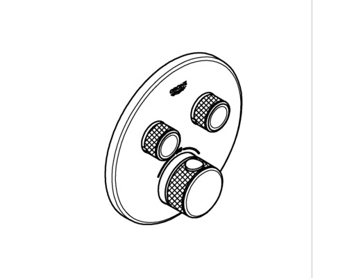 Logo Grohe. Termostatická baterie pro montáž na stěnu se třemi knoflíky.