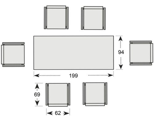 Rozměry zahradního stolu se šesti židlemi: stůl 199 krát 94 centimetrů, židle 69 krát 62 centimetrů