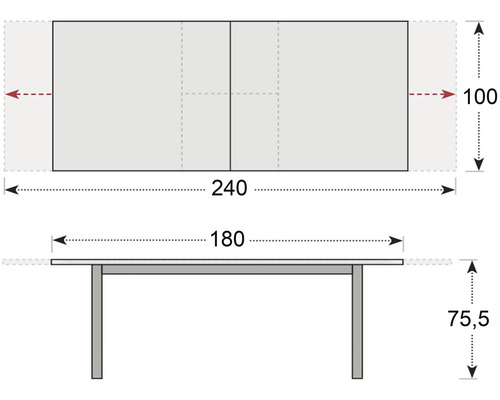 Obrázek s rozměry stolu s výsuvnou funkcí: 240 x 100 x 75,5 centimetrů