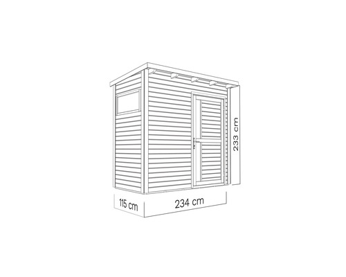 Ilustrace kůlny o rozměrech 234 x 115 x 233 centimetrů.