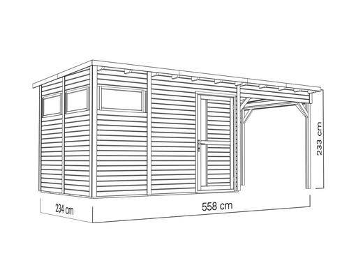 Ilustrace zahradního domku s přístavbou, boční stěna s okny, dveře a rozměry