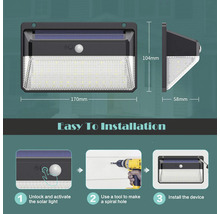 Solární lampa s pohybovým senzorem a rozměry, včetně pokynů k instalaci.