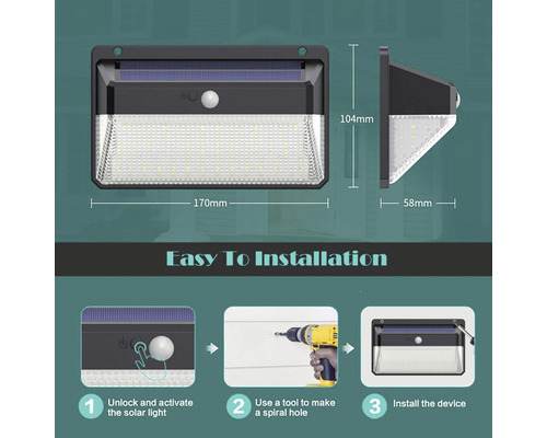 Solární lampa s pohybovým senzorem a rozměry, včetně pokynů k instalaci.