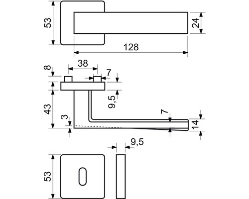 Technický výkres kliky dveří s rozměry