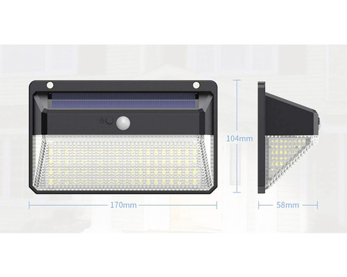 Solární lampa o rozměrech 170 mm šířka, 104 mm výška a 58 mm hloubka
