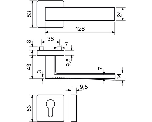 Technický nákres kování dveří s rozměry
