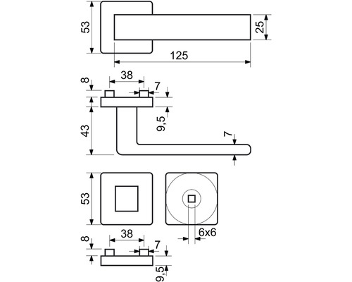 Technický nákres kliky s rozměry