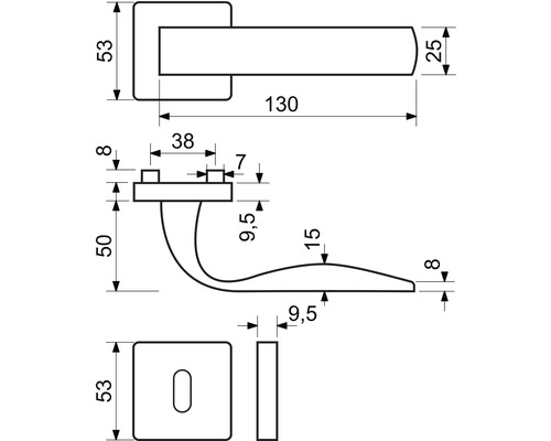 Technický výkres kliky dveří s rozměry