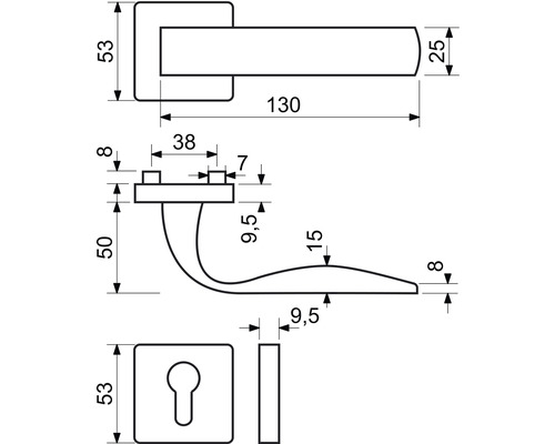 Technický nákres kliky dveří s rozměry