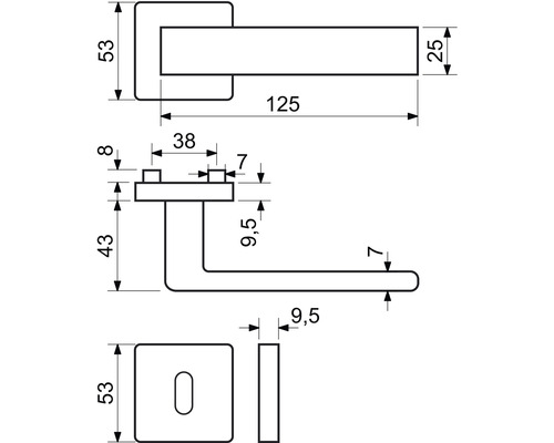 Technický výkres kliky dveří s rozměry