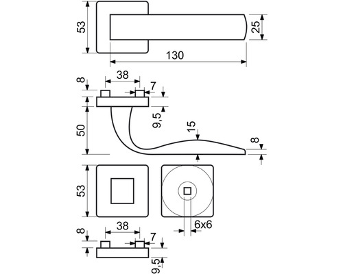 Technický nákres kliky ke dveřím s rozměry