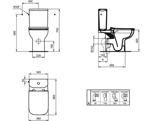 Technický nákres toalety s rozměry.