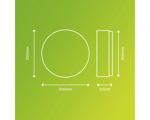 Technický nákres kulatého svítidla o průměru 250 milimetrů a hloubce 23 milimetrů