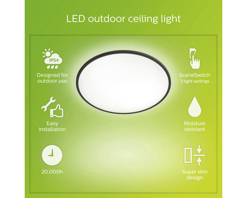 LED stropní svítidlo pro venkovní použití s ochranou proti vlhkosti, snadnou instalací a třemi nastaveními světla