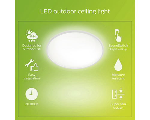 LED stropní svítidlo pro venkovní použití s krytím IP54, vhodné pro venkovní použití, se třemi nastaveními světla, snadnou instalací, odolné proti vlhkosti, s životností přibližně 20 000 hodin a super tenkým designem