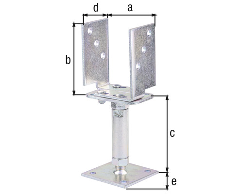 Nastavitelná patka sloupku s rozměry a, b, c, d a e