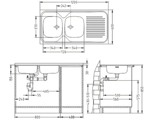 Nákres dřezu s dvojitou mísou a odkapávací plochou s rozměry