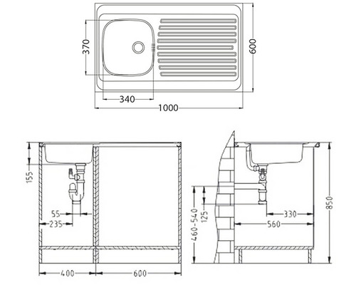Technický nákres dřezu s rozměry.