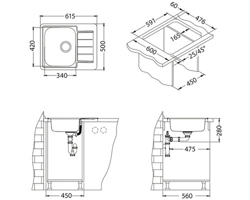 Technický nákres dřezu s rozměry