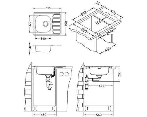 Technický výkres dřezu s rozměry