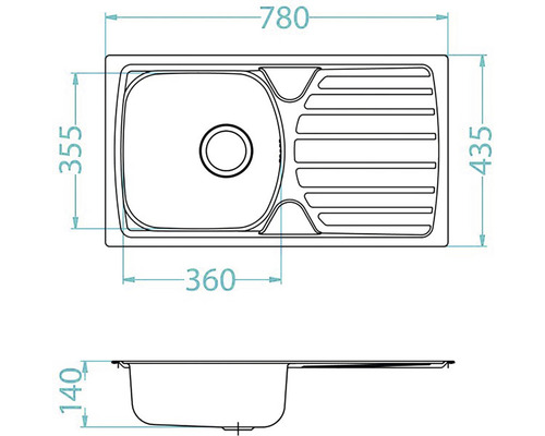Technický výkres kuchyňského dřezu o rozměrech 780 x 435 mm.