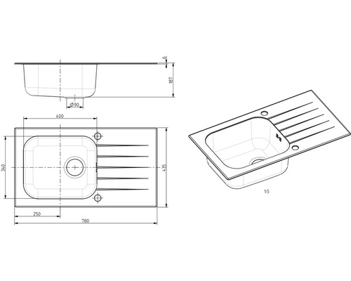 Nákres kuchyňského dřezu s rozměry.