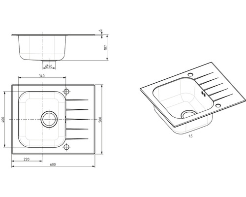 Technický výkres vestavného dřezu s odkapávací plochou a rozměry