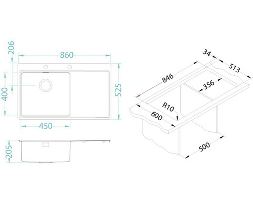 Technický nákres dřezu s rozměry