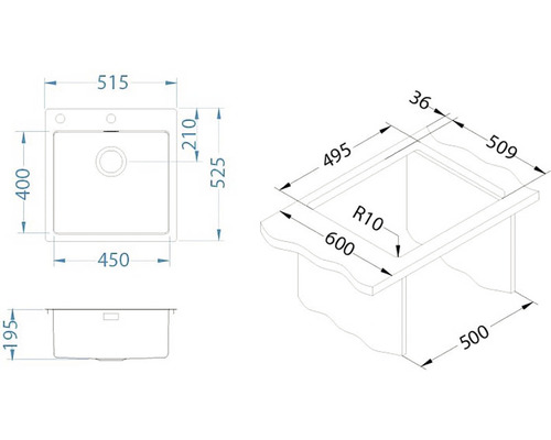 Technický nákres kuchyňského dřezu s rozměry