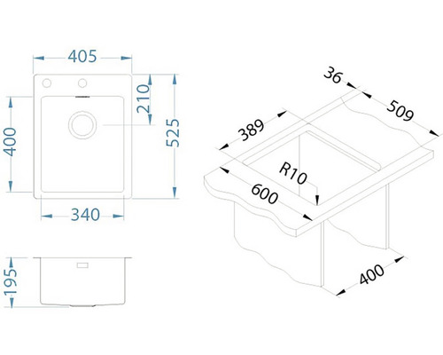 Technický nákres dřezu s rozměry