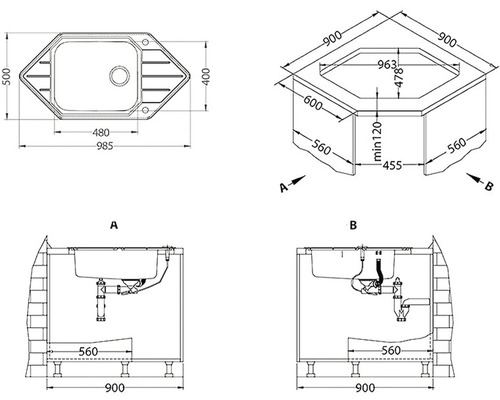 Technický nákres rohového umyvadla s rozměry