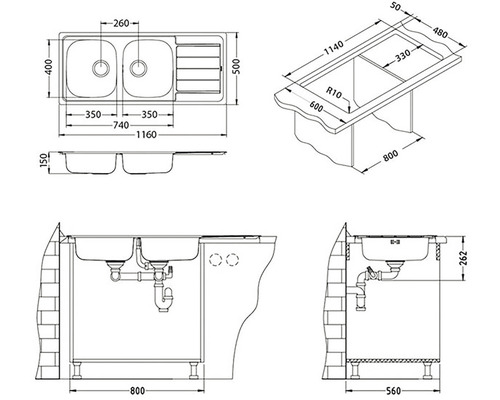 Technický nákres dřezu s rozměry