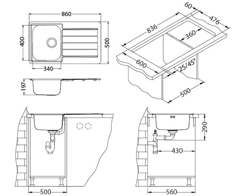 Technický výkres dřezu s rozměry