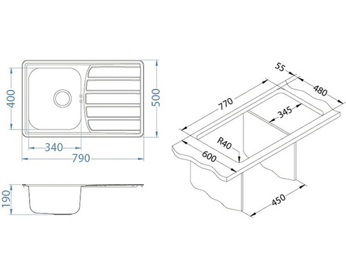 Výkres dřezu s odkapávací plochou a rozměry