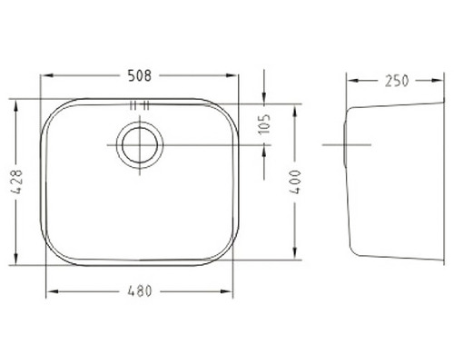 Technický nákres dřezu s rozměry.