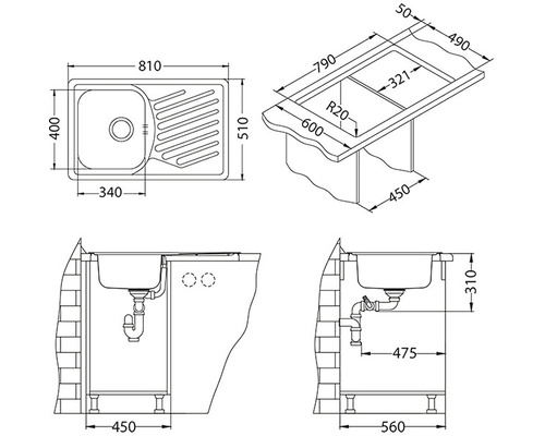 Technický nákres dřezu s různými rozměry.