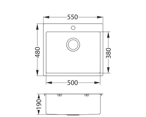 Technický nákres dřezu s rozměry
