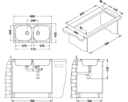 Technický nákres dřezu s dvojitým umyvadlem a rozměry.